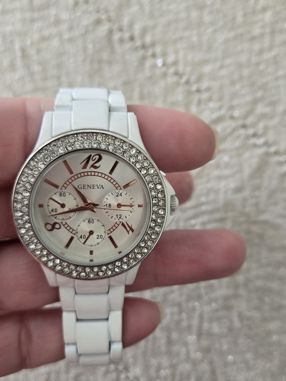 Geneva Women's White Crystal Accent Ceramic Link Watch